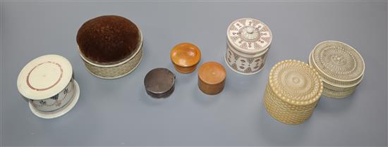 Six 19th / early 20th century ivory drum shaped sewing boxes and three other small boxes,